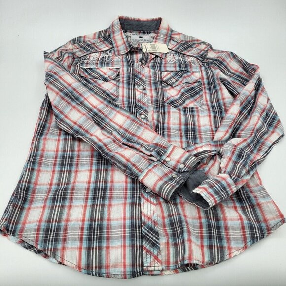 The Buckle Pearl Snap Shirt Mens Medium Red Blue‎ Plaid Icon Western Embroidered - Picture 4 of 11